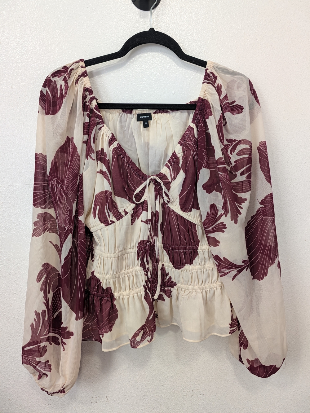 Express Cream and Burgundy Floral Peplum Tie-Front Blouse